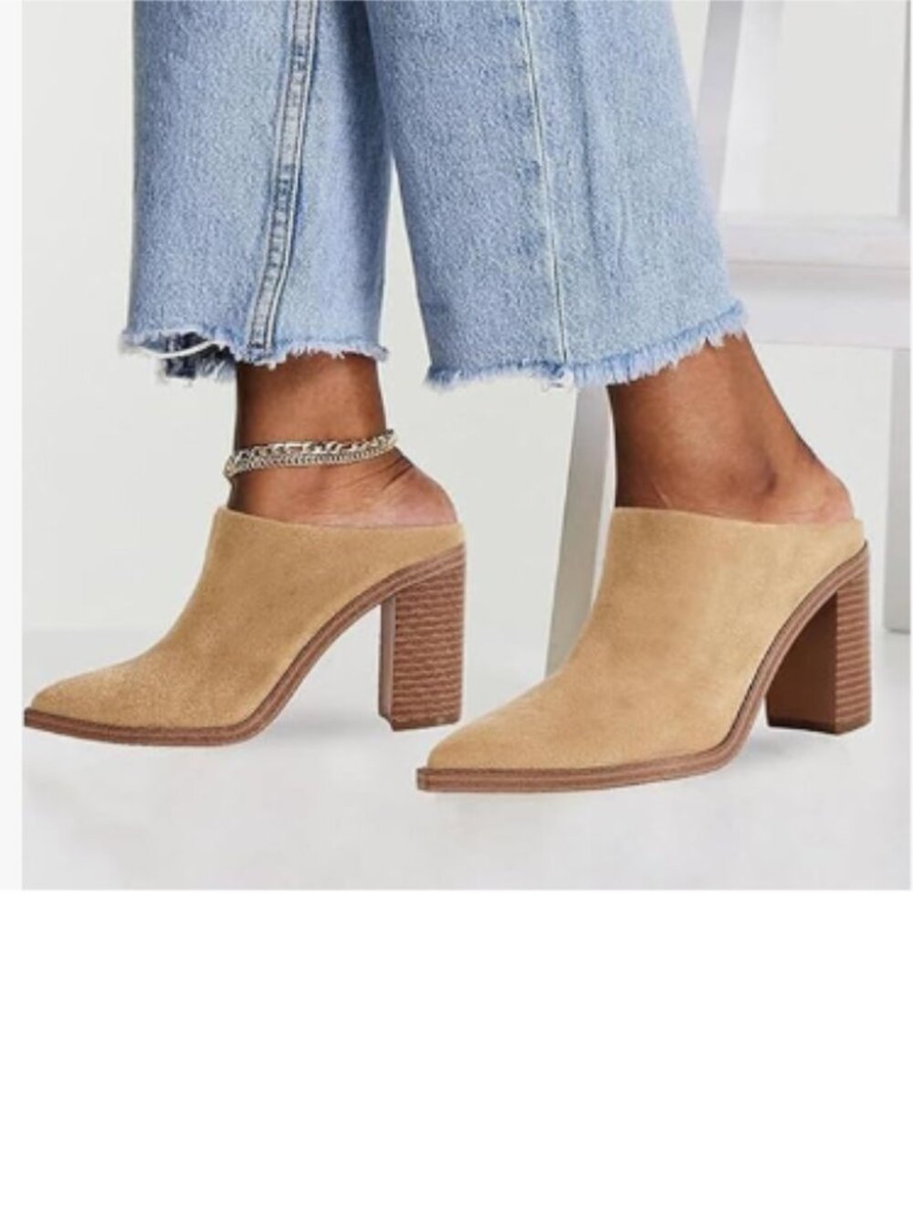 FOWT Camel Pointed Toe Slip On Mules Stacked Block High Heel Sandal Comfortable